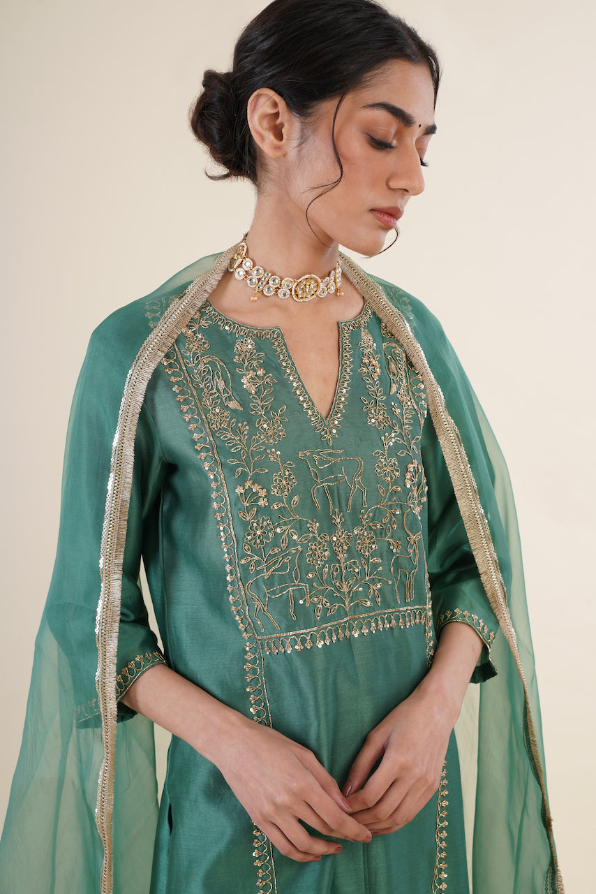 Green Chanderi Kurta Set