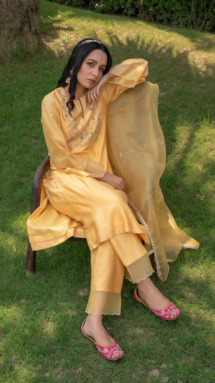 Yellow Sunheri Chanderi Kurta Set