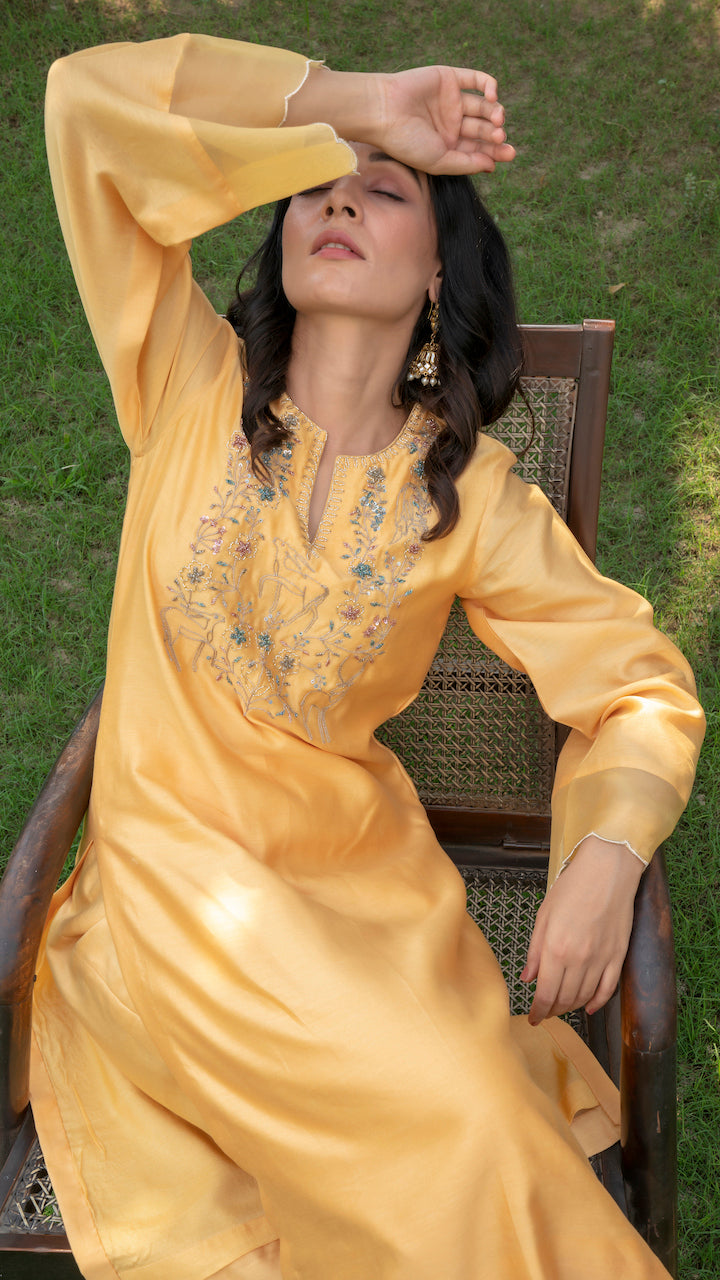 Yellow Sunheri Chanderi Kurta Set