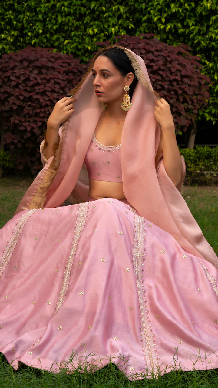 Pink Kyari Chanderi Lehenga Set