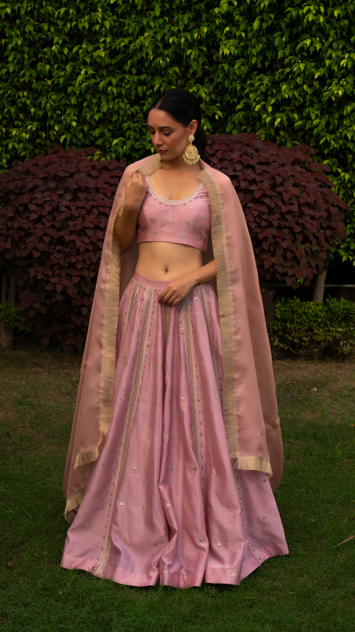 Pink Kyari Chanderi Lehenga Set