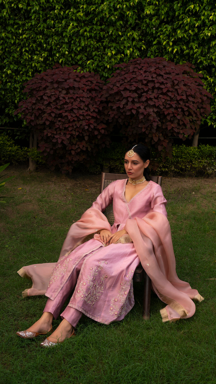 Pink Nakashi Chanderi Anarkali Set