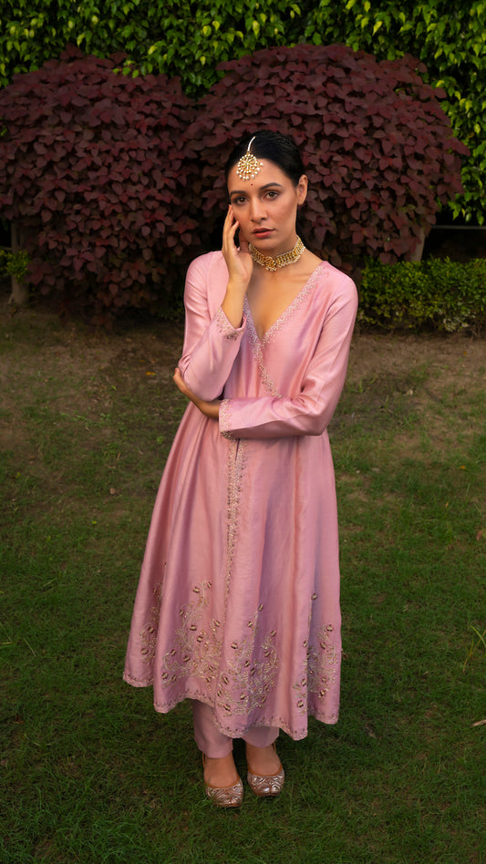 Pink Nakashi Chanderi Anarkali Set