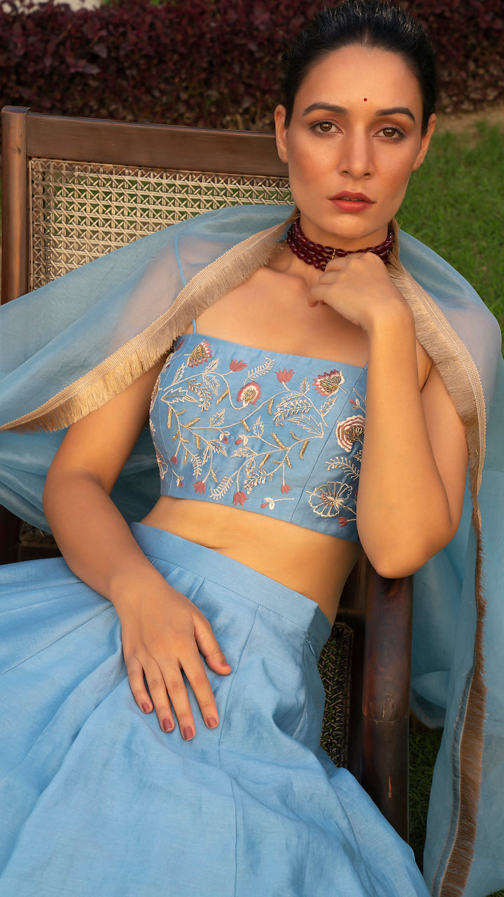 Blue Asman Chanderi Lehenga Set